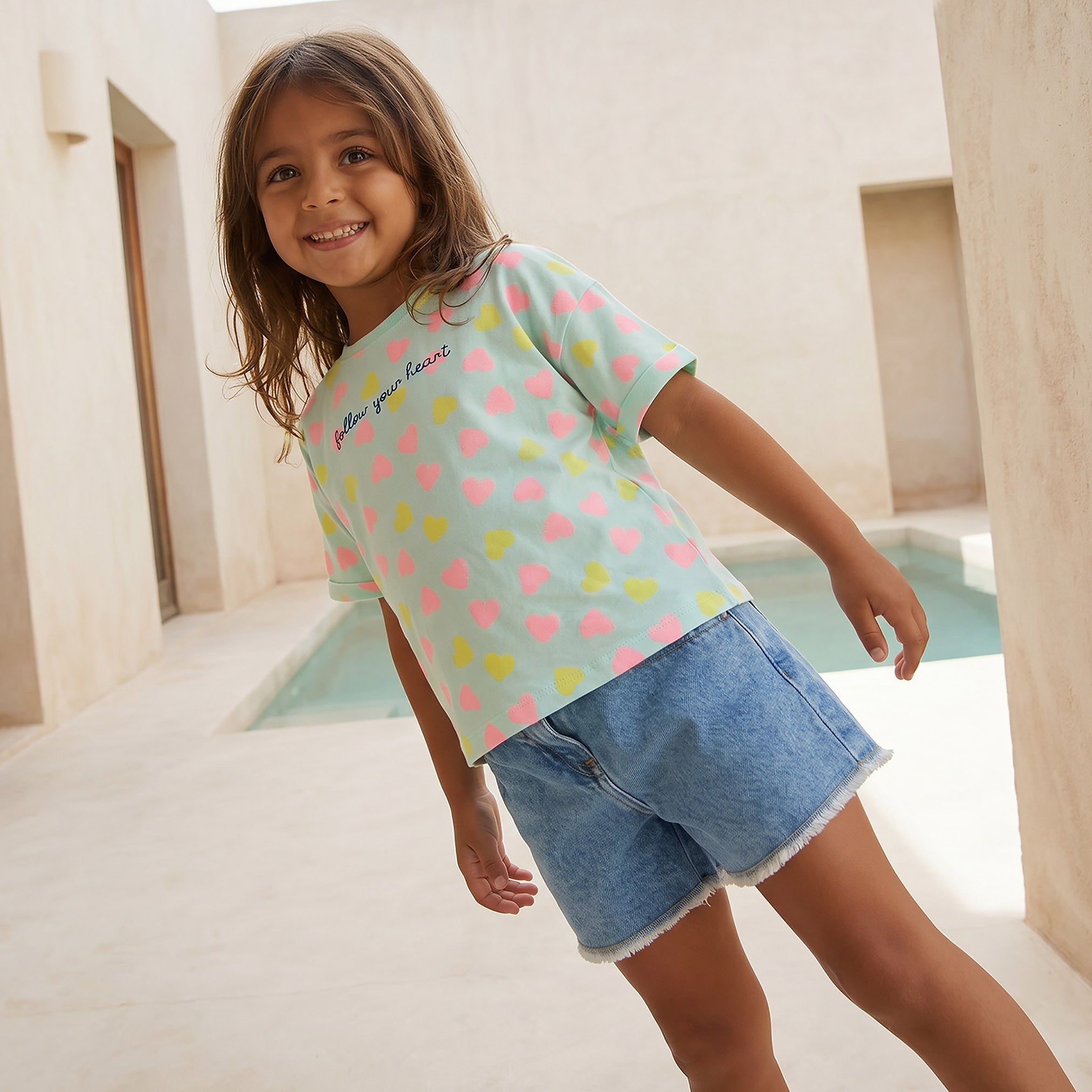 Juniors Crew Neck Short Sleeves T-shirt with Heart Print - Green / 1-2 yrs