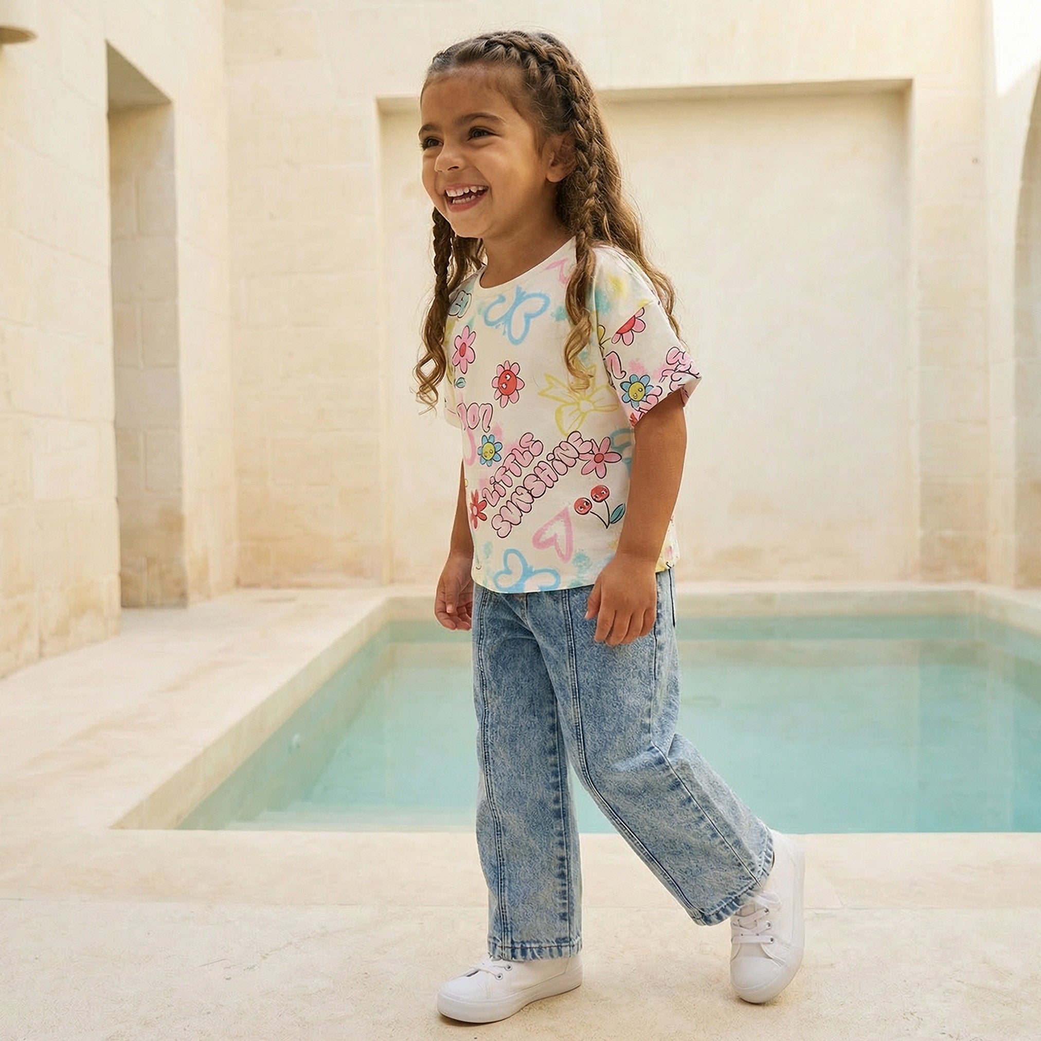 Juniors Round Neck Short Sleeves T-shirt with Graffiti Print