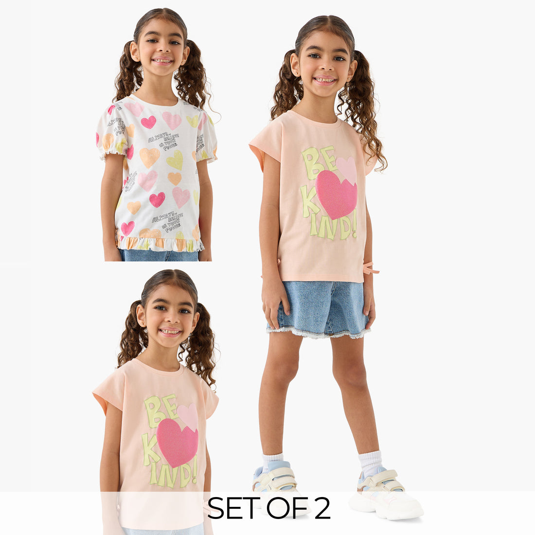 Pack of 2 Juniors Round Neck Short Sleeves T-shirt with Heart Print - Multicolour / 1-2 yrs