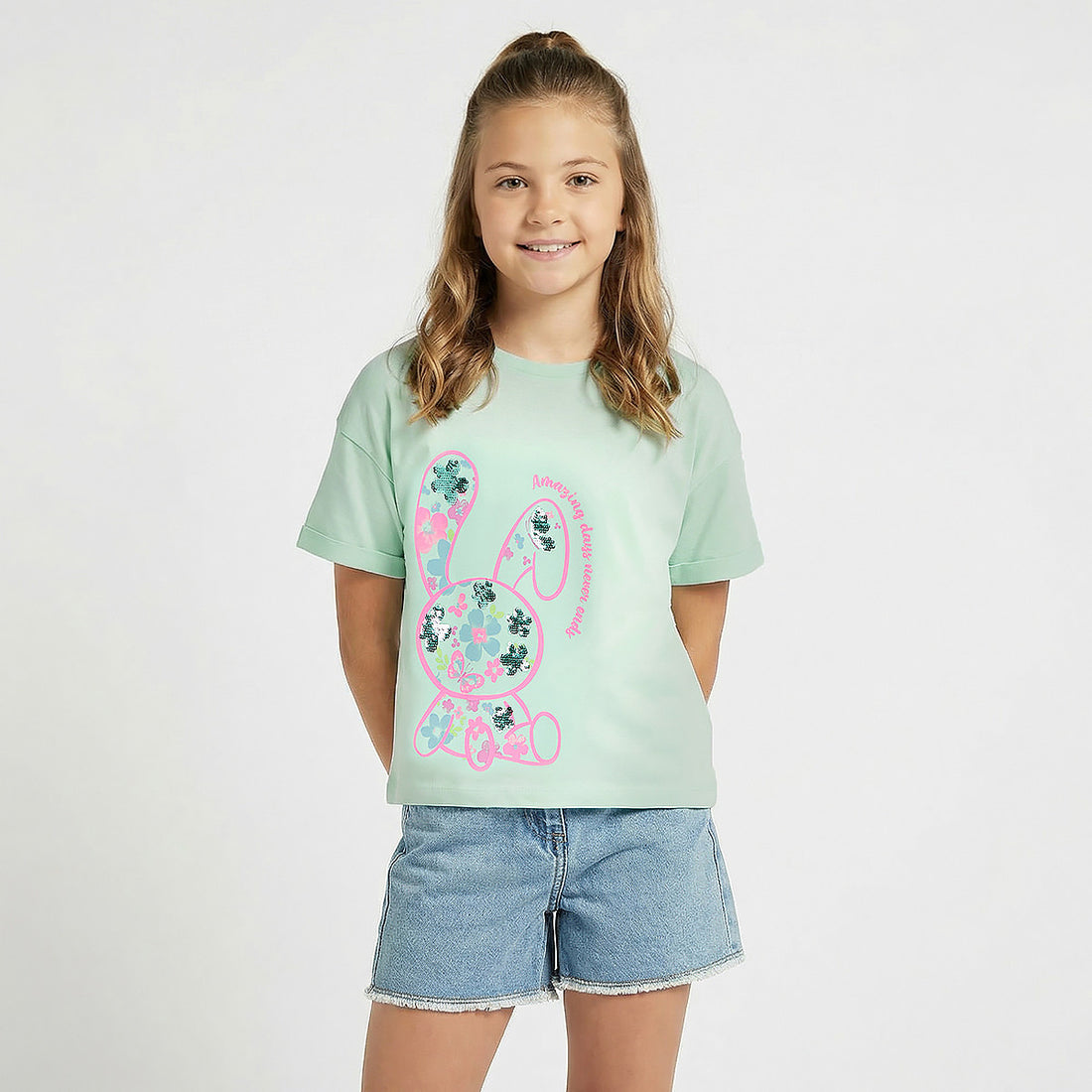 Juniors Crew Neck Short Sleeve T-shirt with Bunny Print - Green / 1-2 yrs