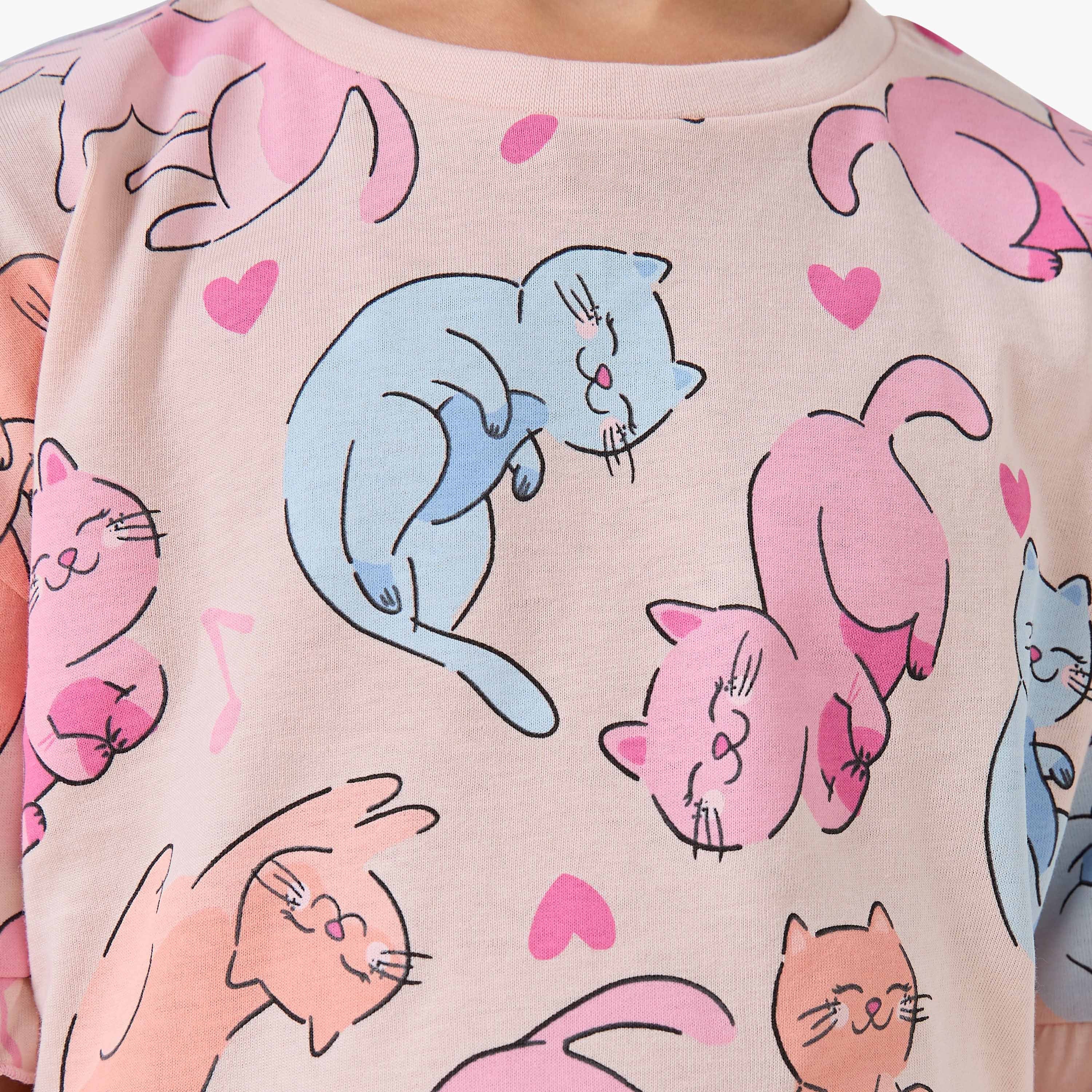 Pack of 2 Juniors Crew Neck Short Sleeve T-shirt with Cat Print