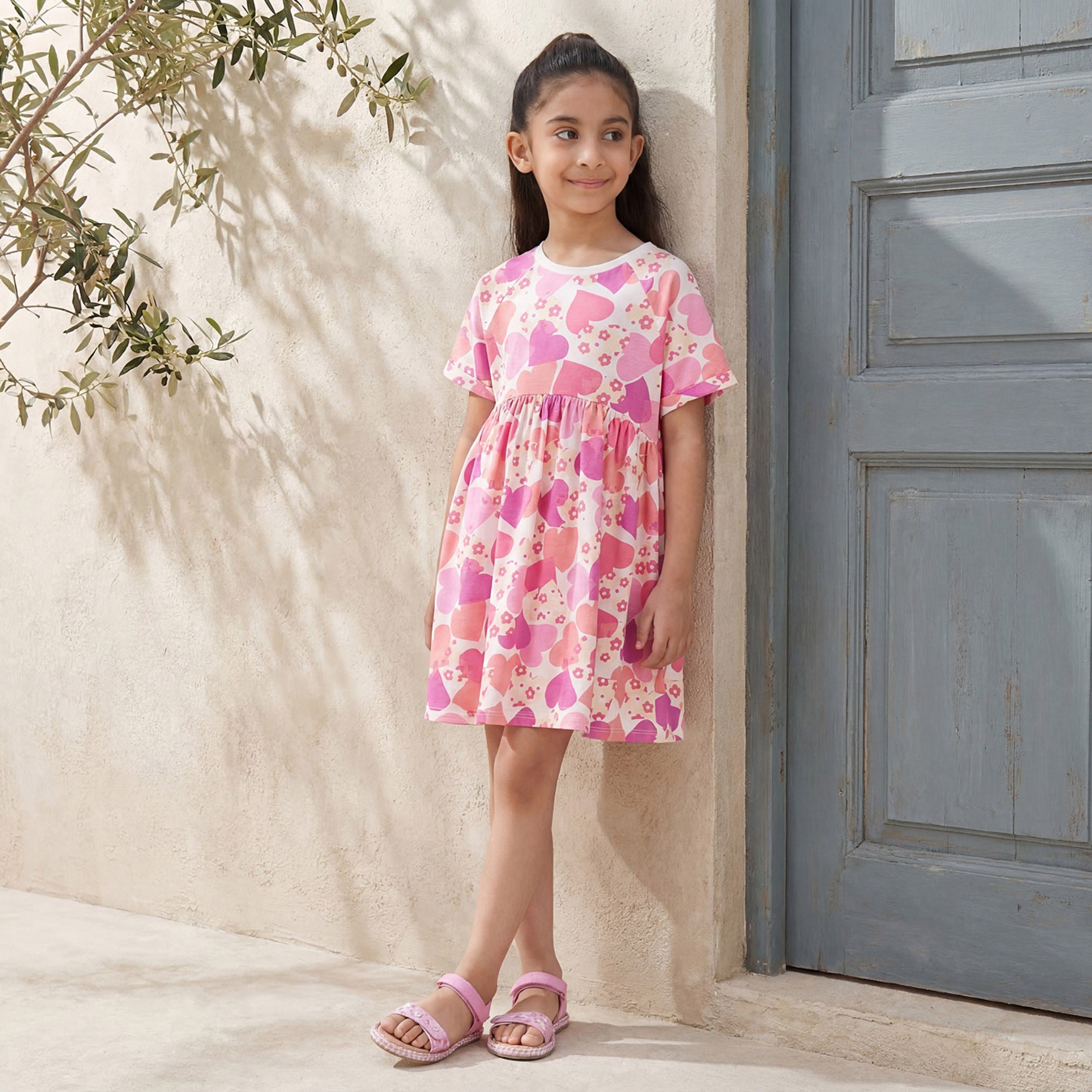 Juniors Round Neck Short Sleeves A-line Dress with Heart Print - Pink / 3-4 yrs