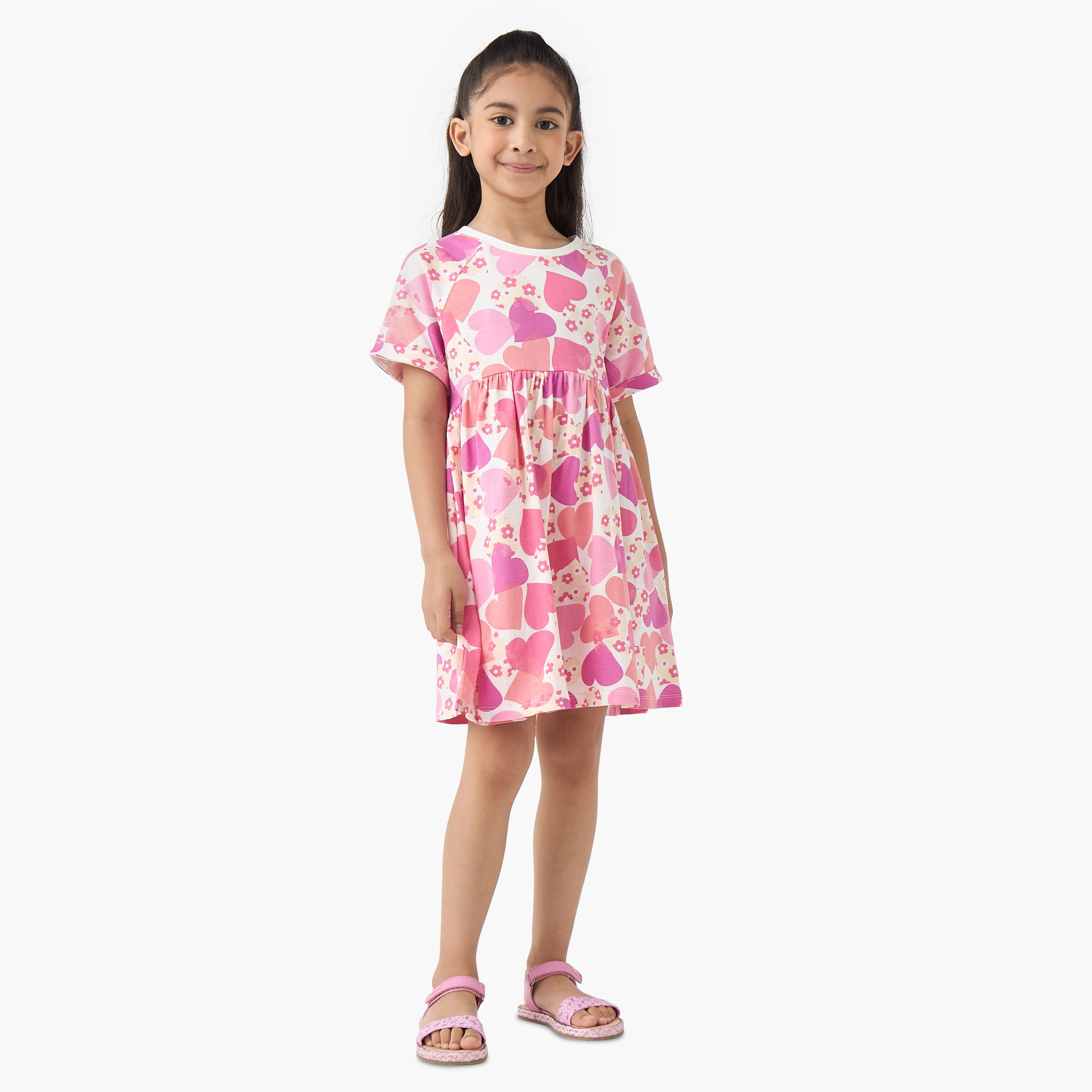 Juniors Round Neck Short Sleeves A-line Dress with Heart Print