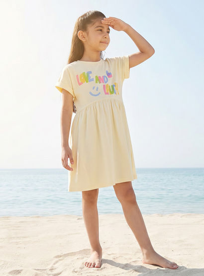 Juniors Round Neck Short Sleeves Skater Dress with Graphic Print-girls-clothing-dressesandjumpsuits-image-1