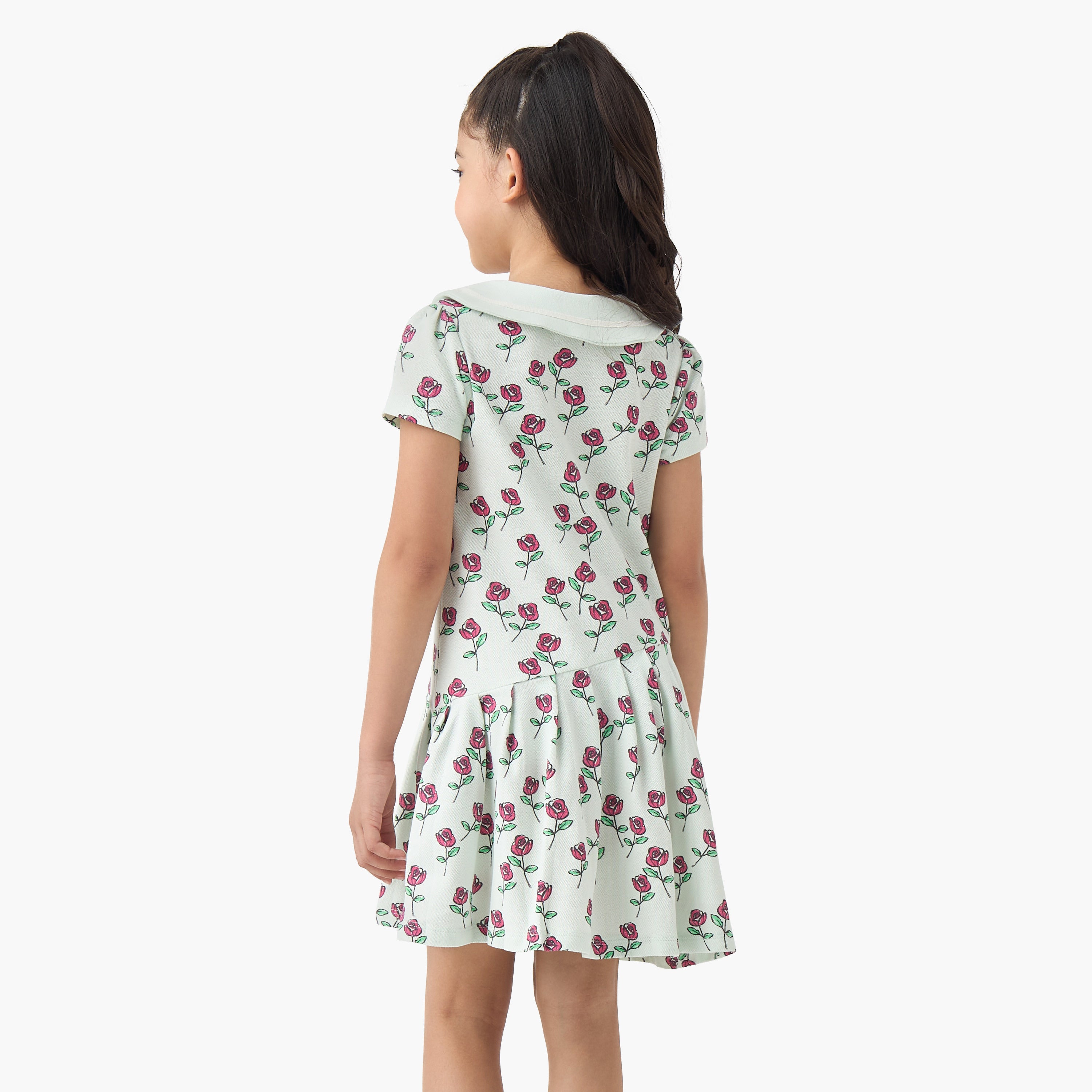 Juniors Peter Pan Collar Short Sleeves A-line Dress with Floral Print