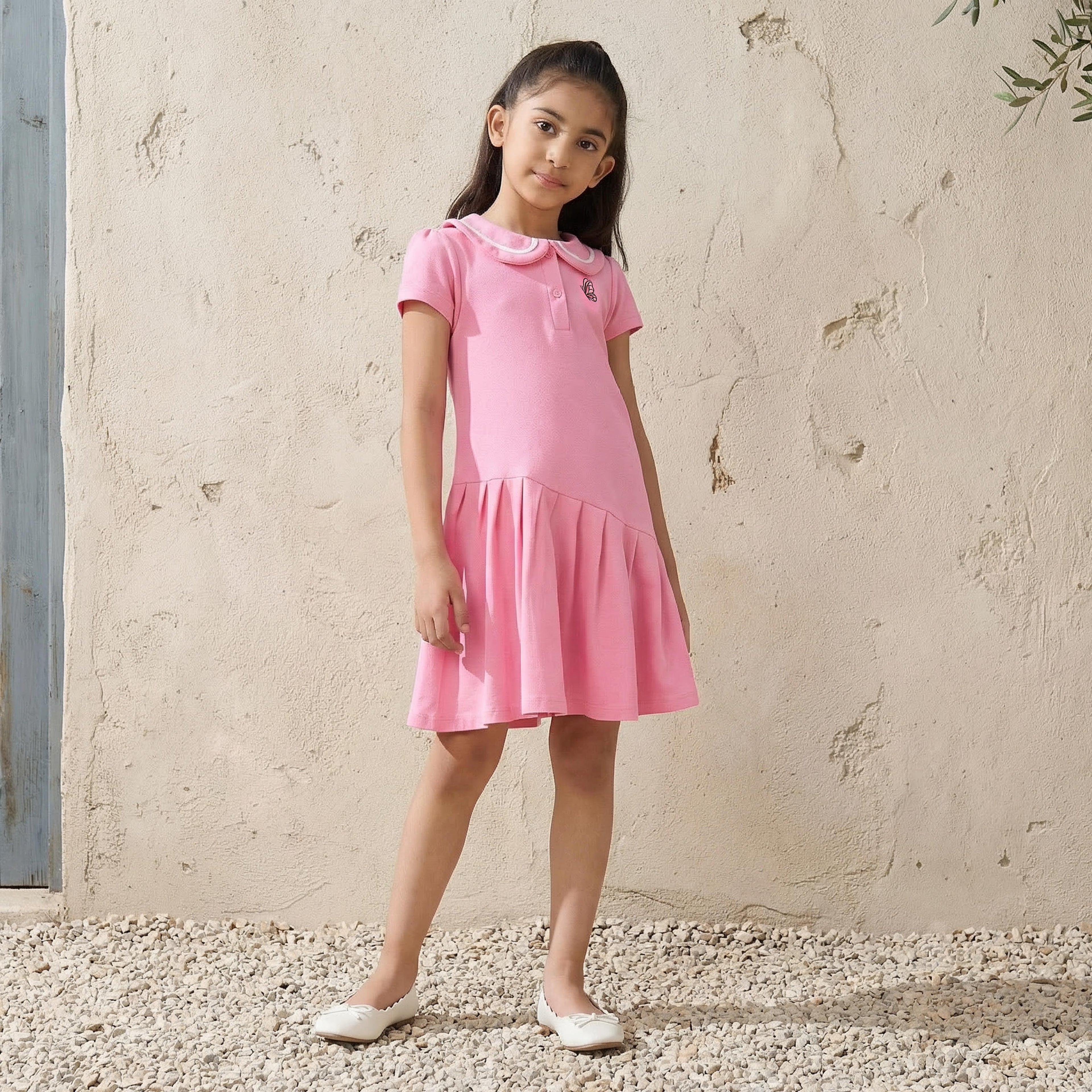 Juniors Peter Pan Collar Short Sleeves Dress with Butterfly Embroidery - Pink / 1-2 yrs
