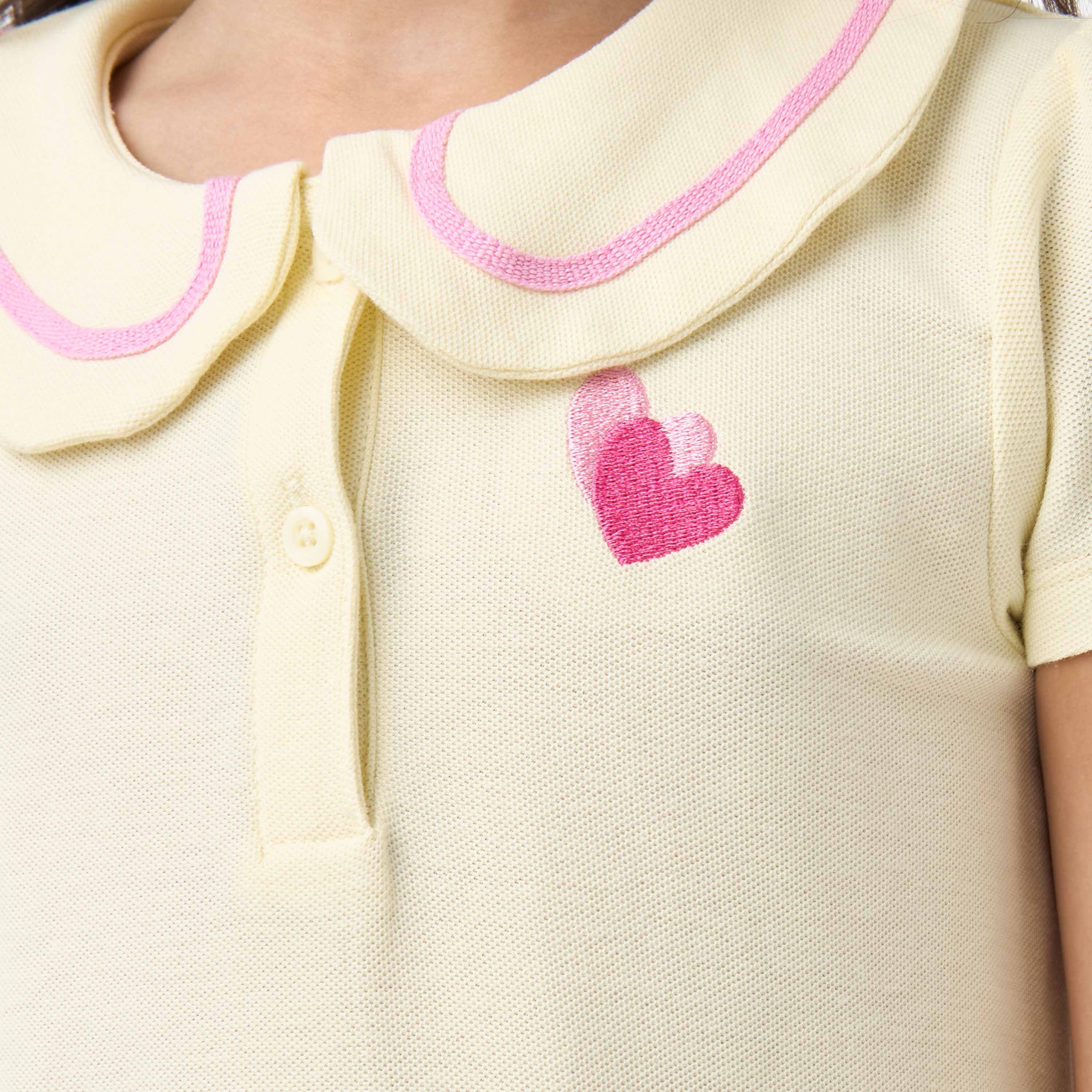 Juniors Peter Pan Collar Short Sleeves Dress with Heart Embroidery