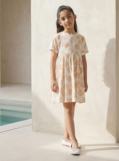 Juniors Round Neck Short Sleeves Skater Dress with Floral Print-girls-clothing-dressesandjumpsuits-image-1