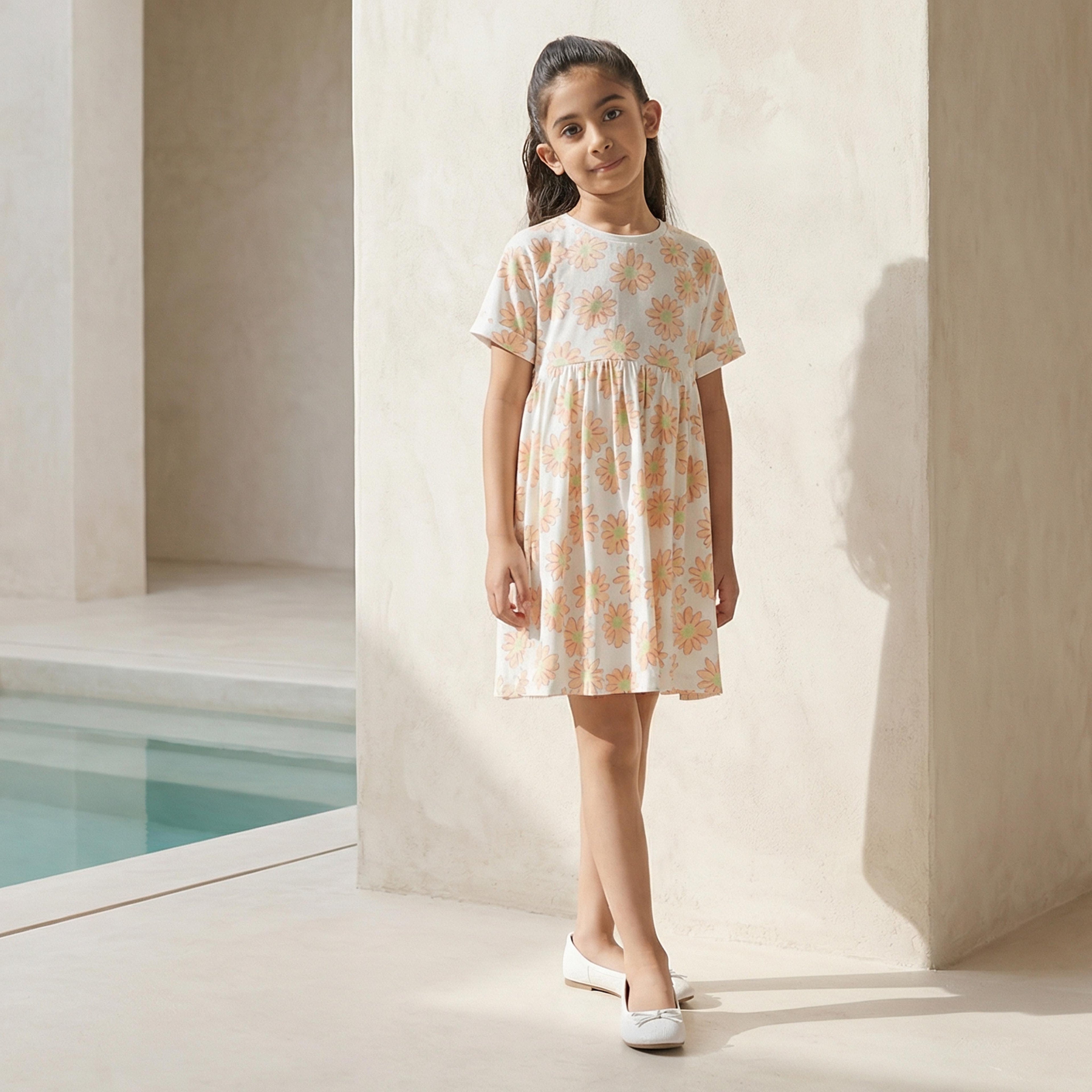 Juniors Round Neck Short Sleeves Skater Dress with Floral Print - White / 7-8 yrs