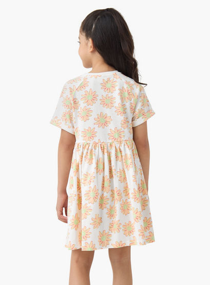 Juniors Round Neck Short Sleeves Skater Dress with Floral Print-girls-clothing-dressesandjumpsuits-image-3