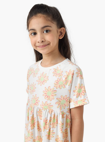 Juniors Round Neck Short Sleeves Skater Dress with Floral Print-girls-clothing-dressesandjumpsuits-image-4