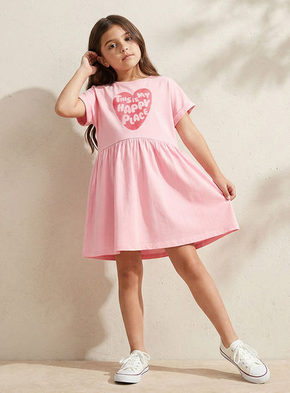 Juniors Round Neck Short Sleeves Midi Skater Dress with Glitter Slogan Print-girls-clothing-dressesandjumpsuits-image-1