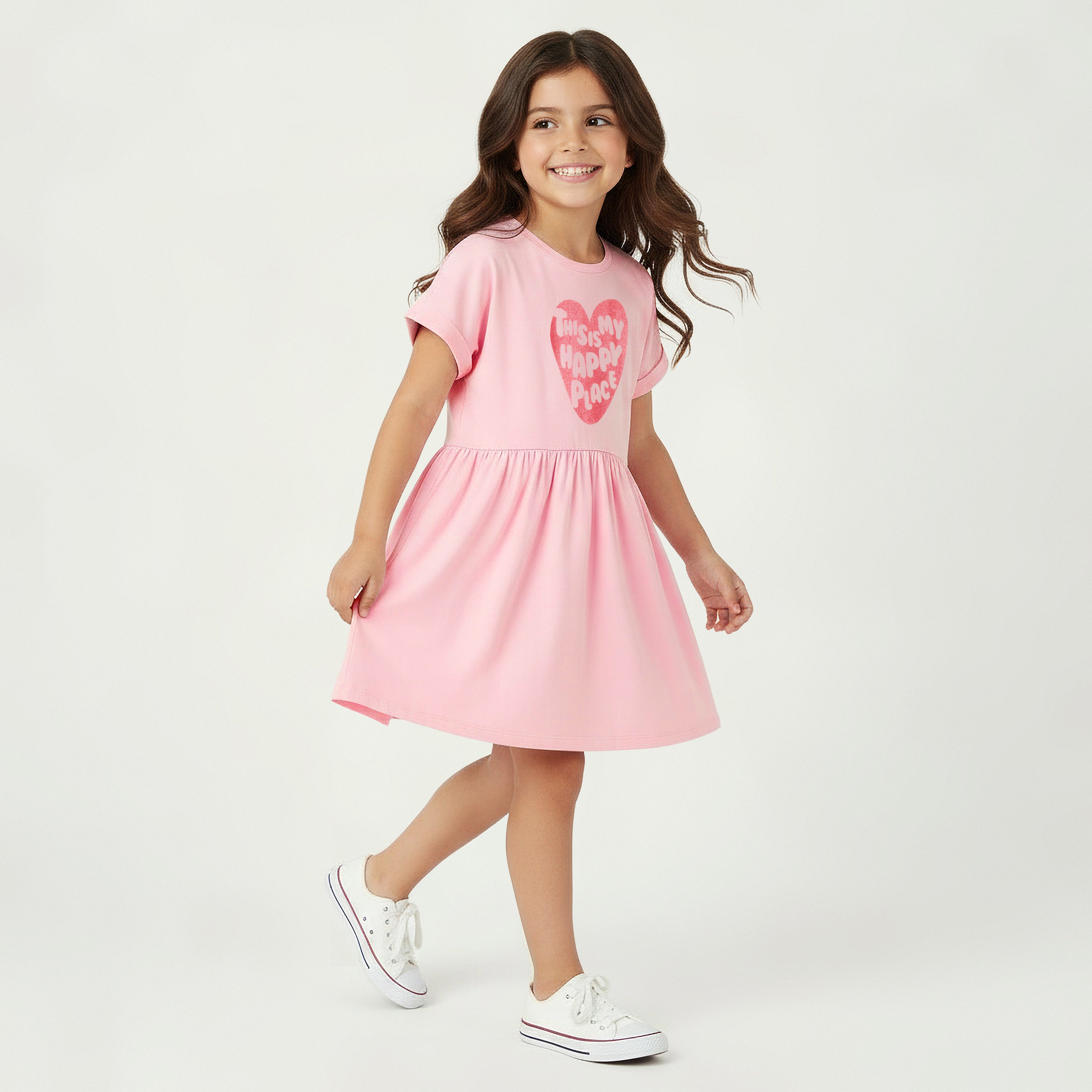 Juniors Round Neck Short Sleeves Midi Skater Dress with Glitter Slogan Print