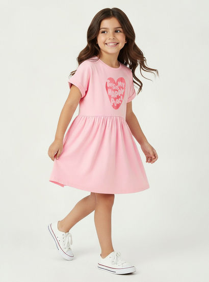 Juniors Round Neck Short Sleeves Midi Skater Dress with Glitter Slogan Print-girls-clothing-dressesandjumpsuits-image-5
