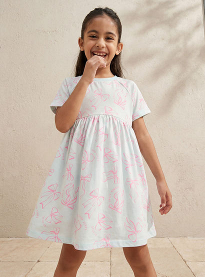 Juniors Round Neck Short Sleeve Dress with Bow Print-girls-clothing-dressesandjumpsuits-image-1