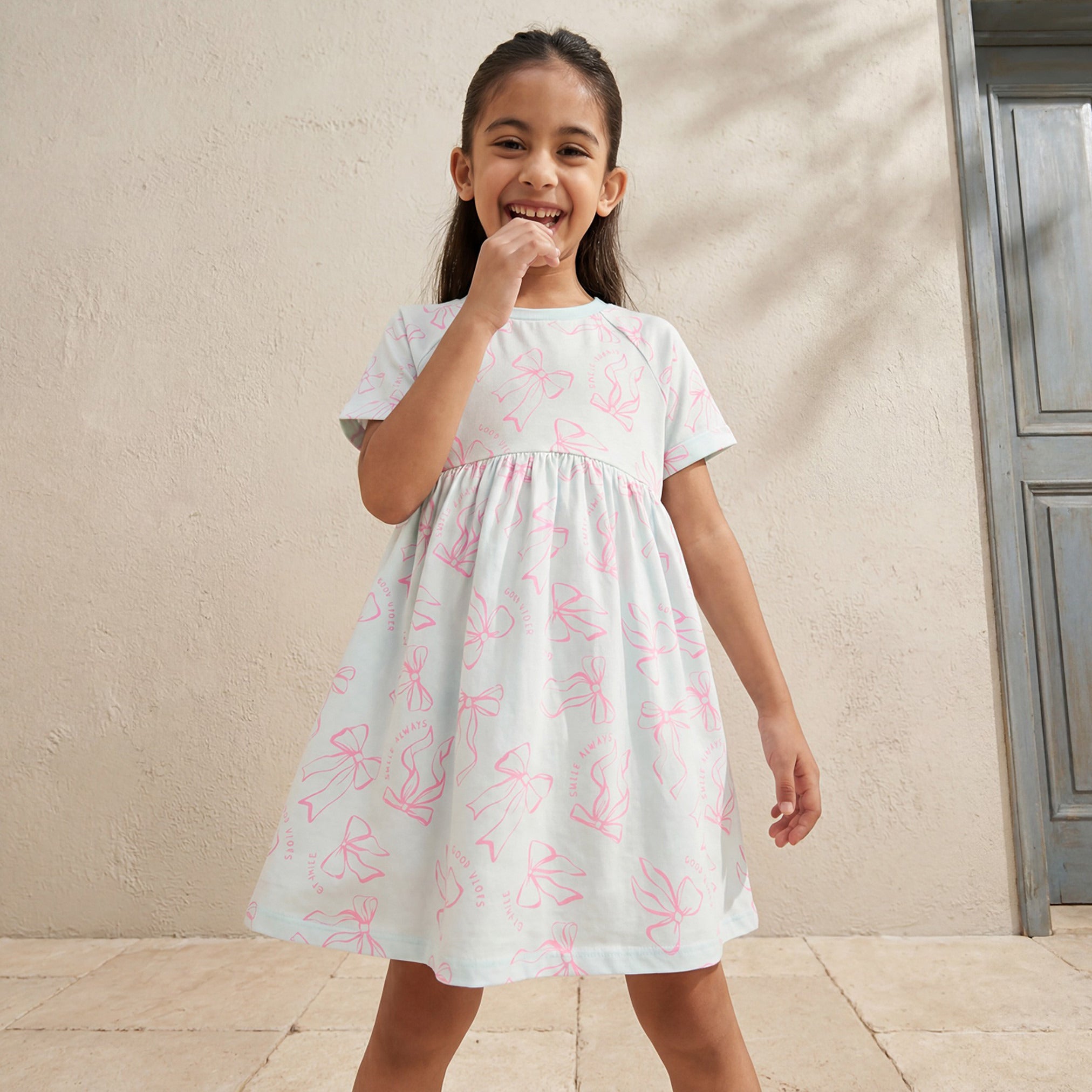 Juniors Round Neck Short Sleeve Dress with Bow Print - Blue / 7-8 yrs