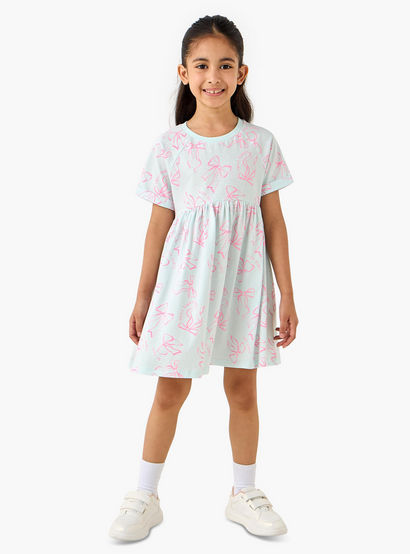 Juniors Round Neck Short Sleeve Dress with Bow Print-girls-clothing-dressesandjumpsuits-image-2