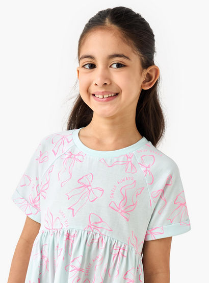 Juniors Round Neck Short Sleeve Dress with Bow Print-girls-clothing-dressesandjumpsuits-image-4
