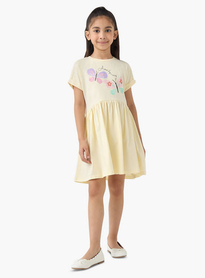 Juniors Round Neck Short Sleeves A-line Dress with Butterfly Print-girls-clothing-dressesandjumpsuits-image-2
