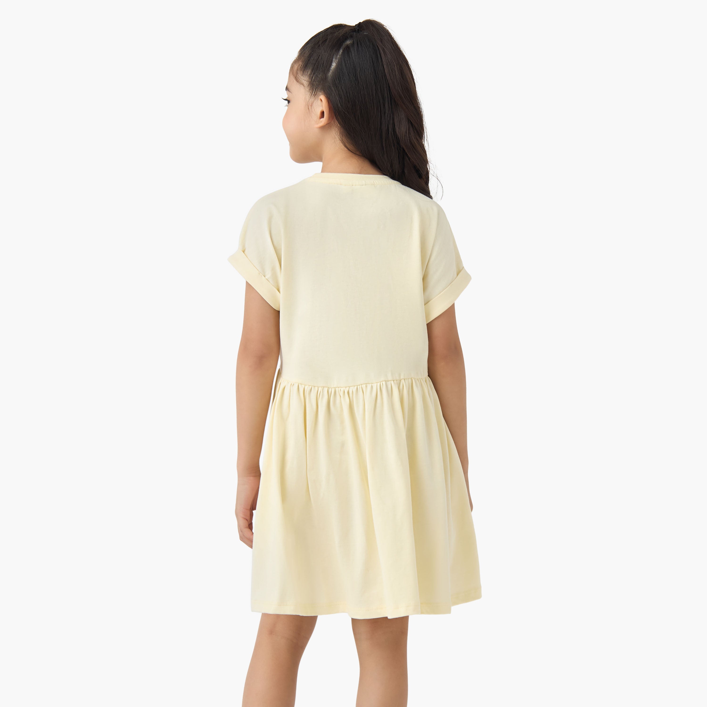 Juniors Round Neck Short Sleeves A-line Dress with Butterfly Print
