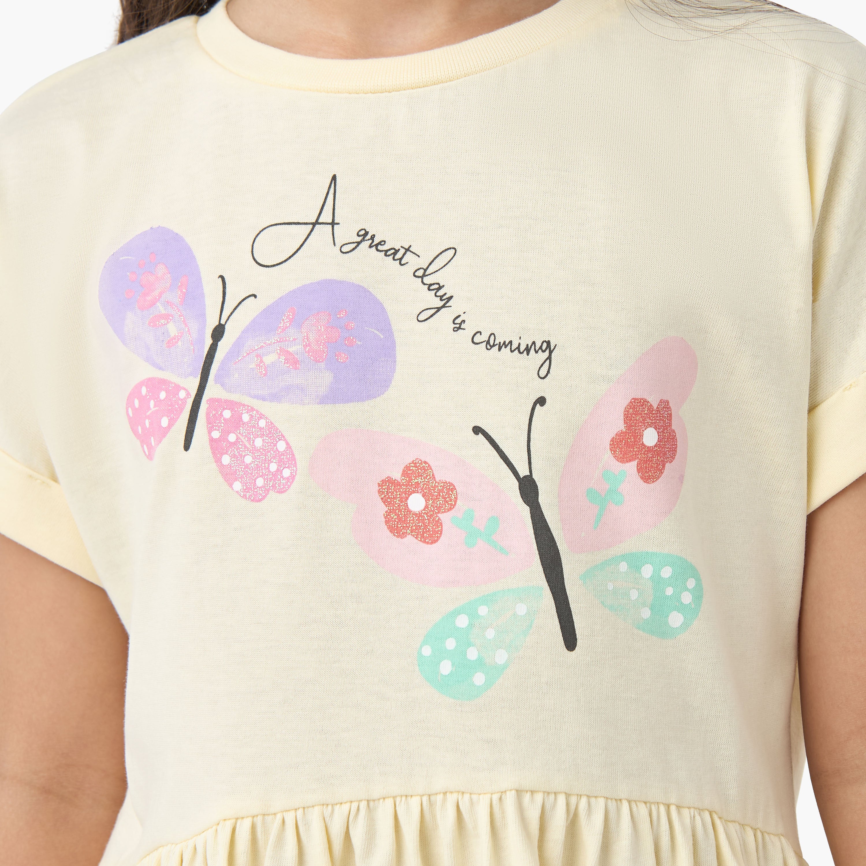 Juniors Round Neck Short Sleeves A-line Dress with Butterfly Print