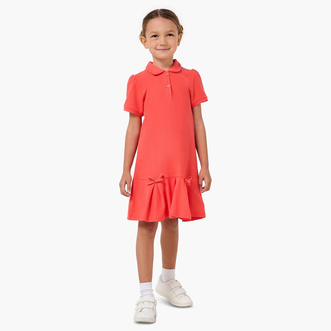 Juniors Collared Short Sleeves Drop Waist Dress with Bow Accent