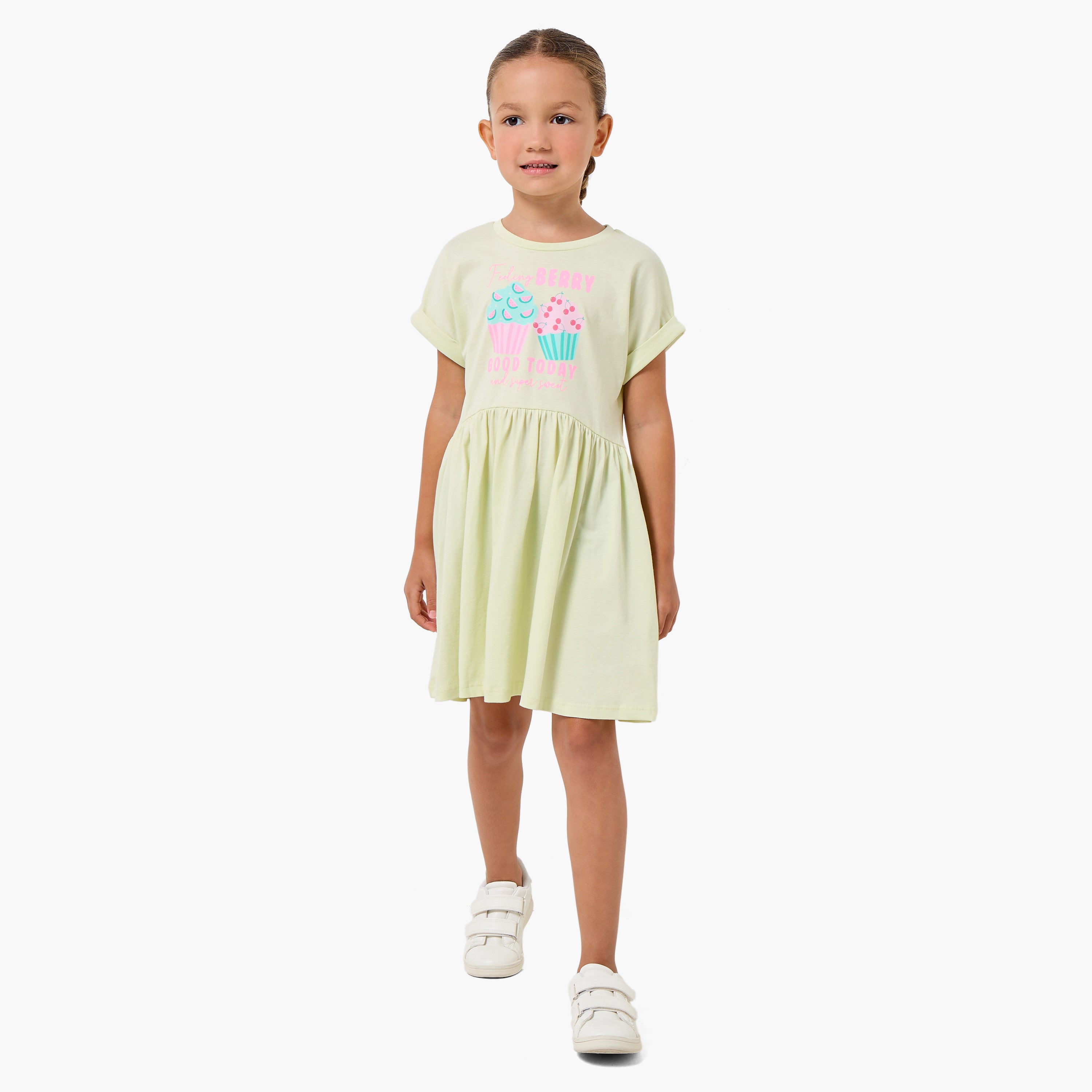 Juniors Round Neck Short Sleeves Knee Length A-line Dress with Cupcake Print