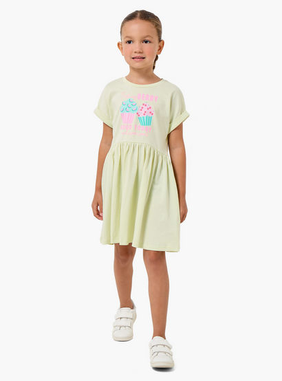 Juniors Round Neck Short Sleeves Knee Length A-line Dress with Cupcake Print-girls-clothing-dressesandjumpsuits-image-2