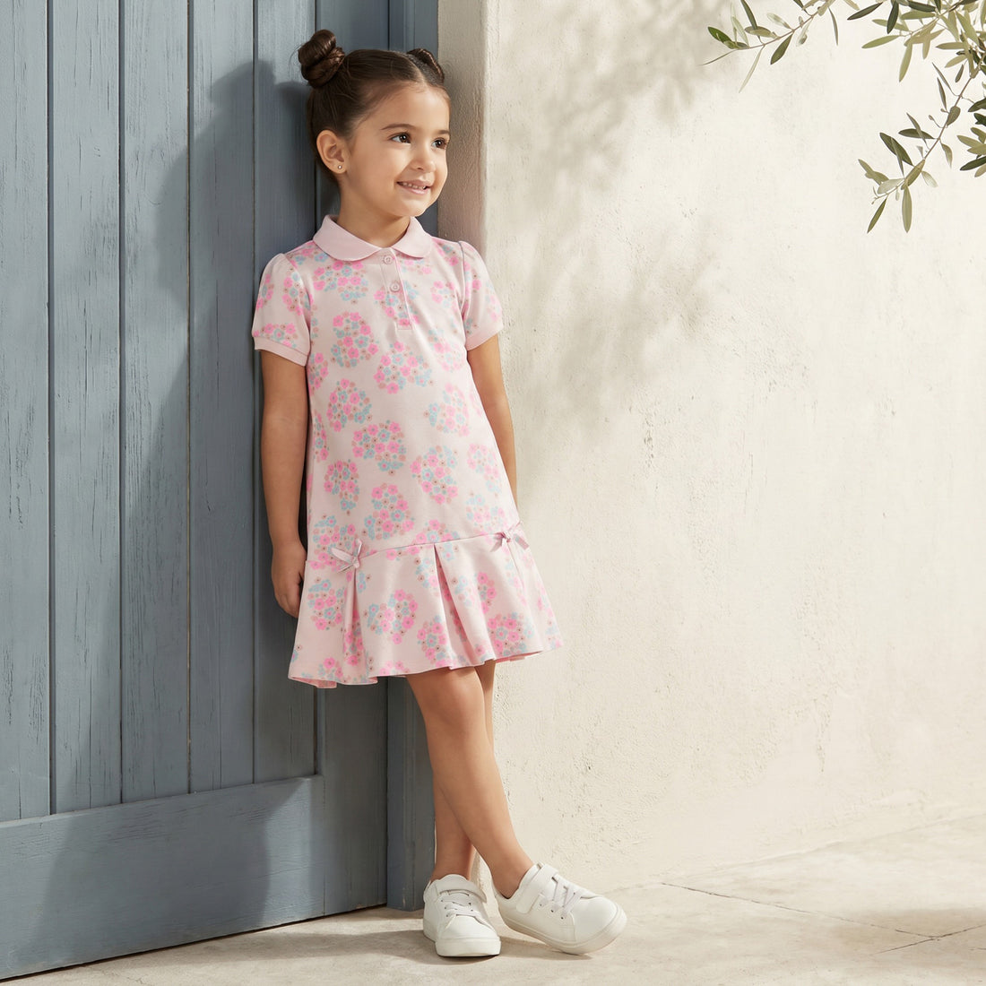 Juniors Peter Pan Collar Short Sleeves Polo Dress with Floral Print - Pink / 3-4 yrs