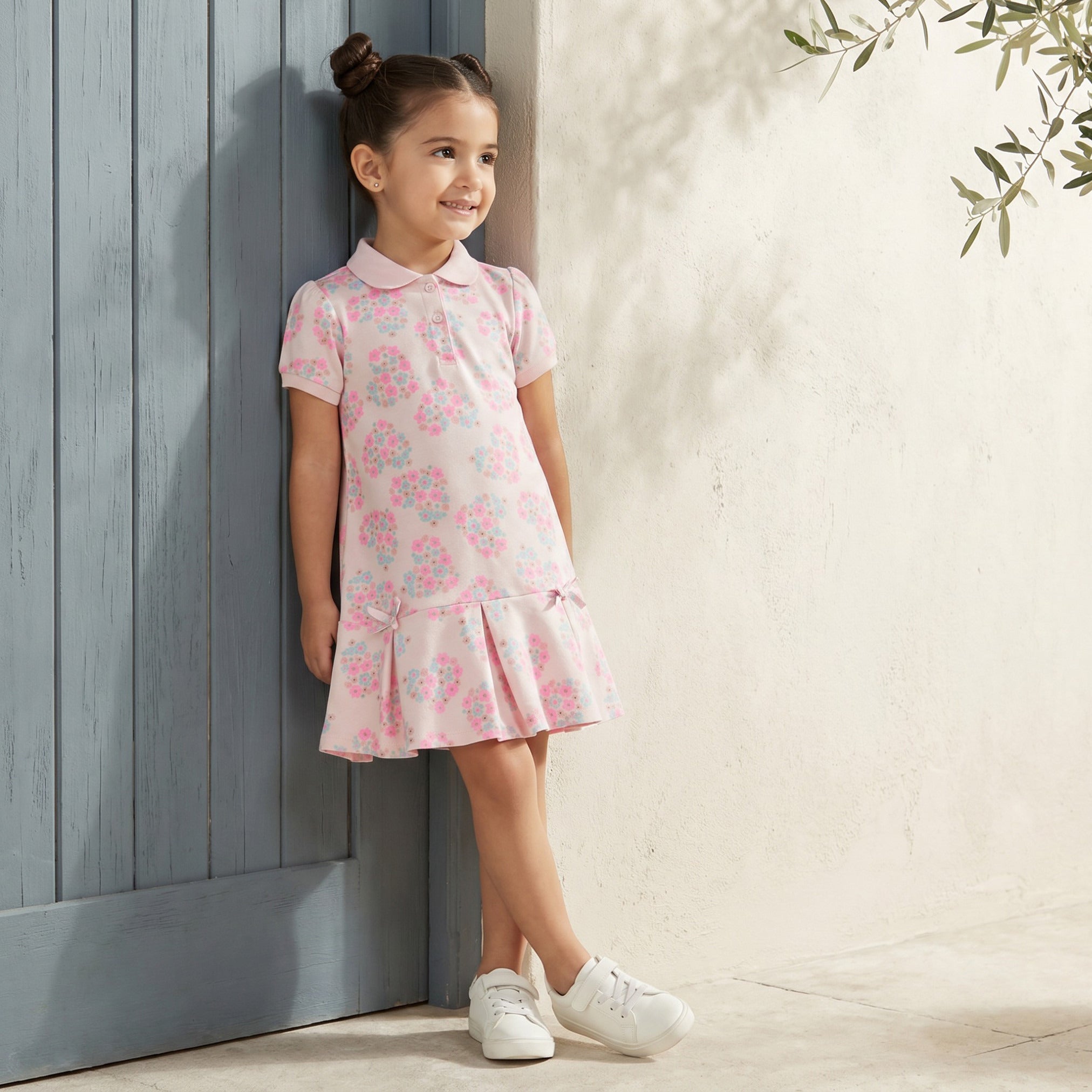 Juniors Peter Pan Collar Short Sleeves Polo Dress with Floral Print - Pink / 3-4 yrs