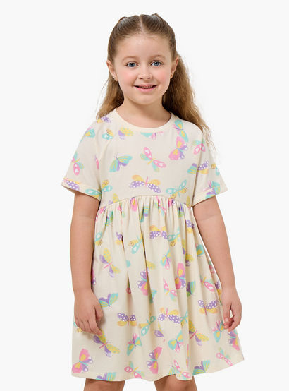 Juniors Round Neck Short Sleeves Knee Length A-line Dress with Butterfly Print-girls-clothing-dressesandjumpsuits-image-1