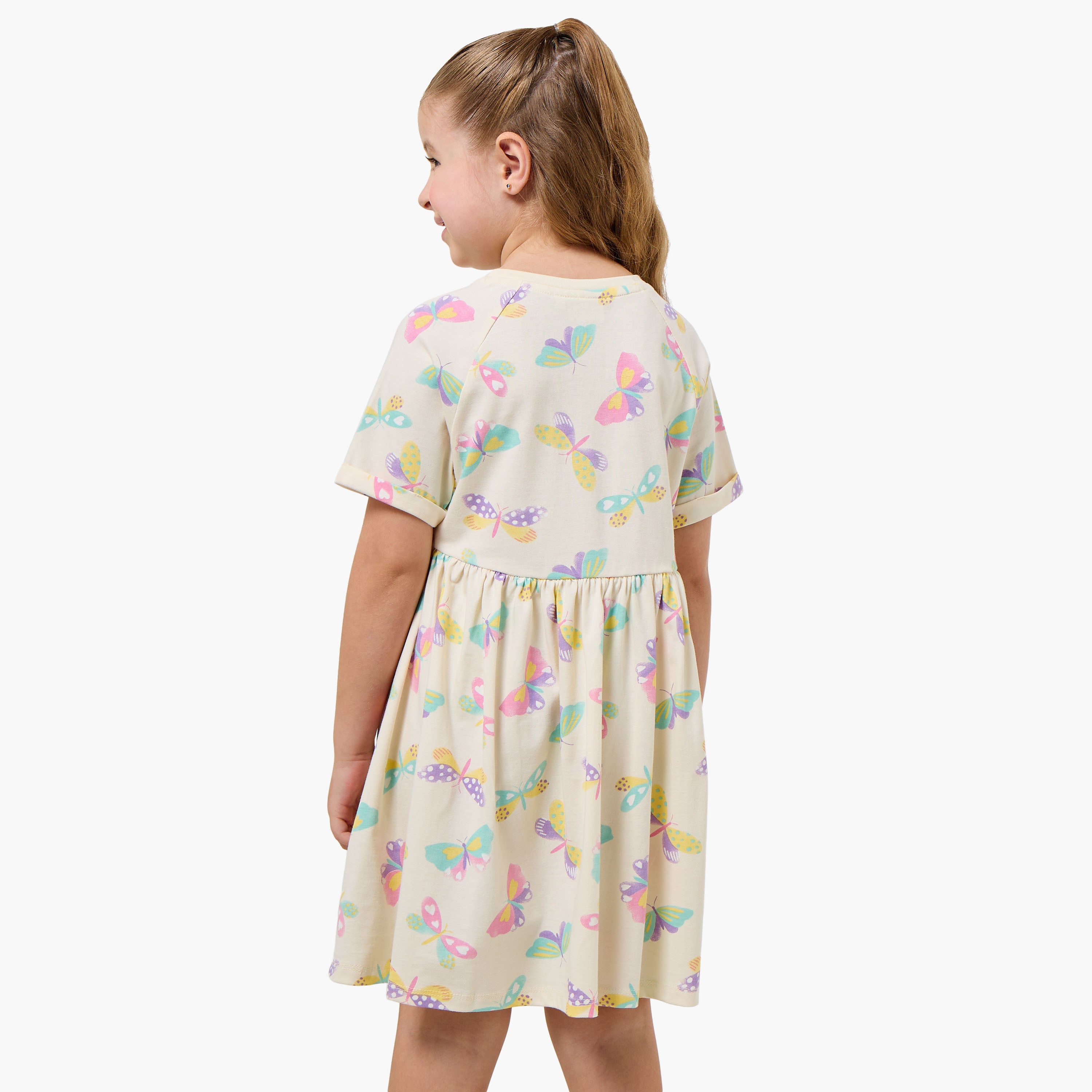 Juniors Round Neck Short Sleeves Knee Length A-line Dress with Butterfly Print