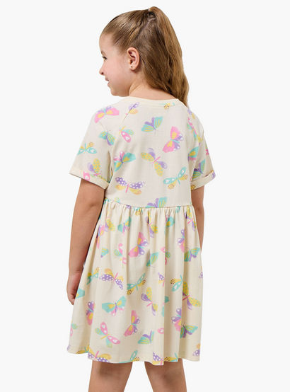 Juniors Round Neck Short Sleeves Knee Length A-line Dress with Butterfly Print-girls-clothing-dressesandjumpsuits-image-3