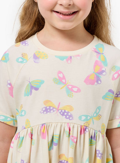 Juniors Round Neck Short Sleeves Knee Length A-line Dress with Butterfly Print-girls-clothing-dressesandjumpsuits-image-4