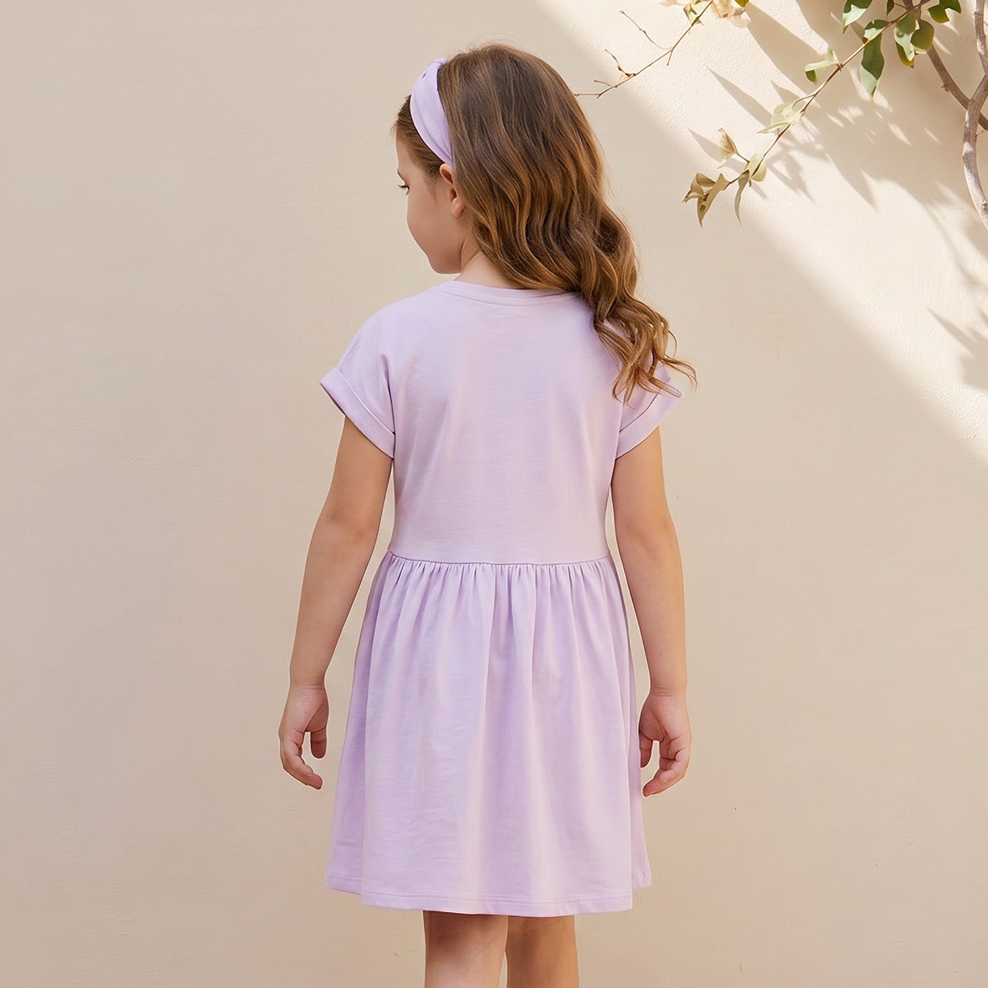 Juniors Round Neck Short Sleeves Knee Length A-line Dress with Bow Print