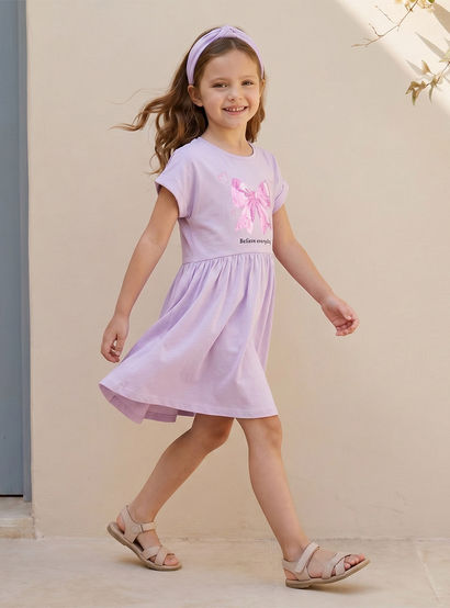 Juniors Round Neck Short Sleeves Knee Length A-line Dress with Bow Print-girls-clothing-dressesandjumpsuits-image-5