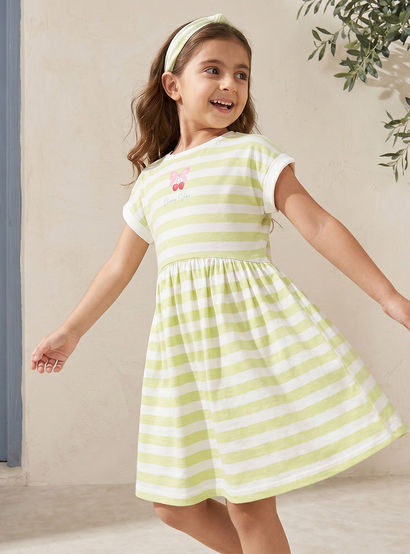 Juniors Crew Neck Short Sleeves Knee Length A-line Dress with Stripes-girls-clothing-dressesandjumpsuits-image-1