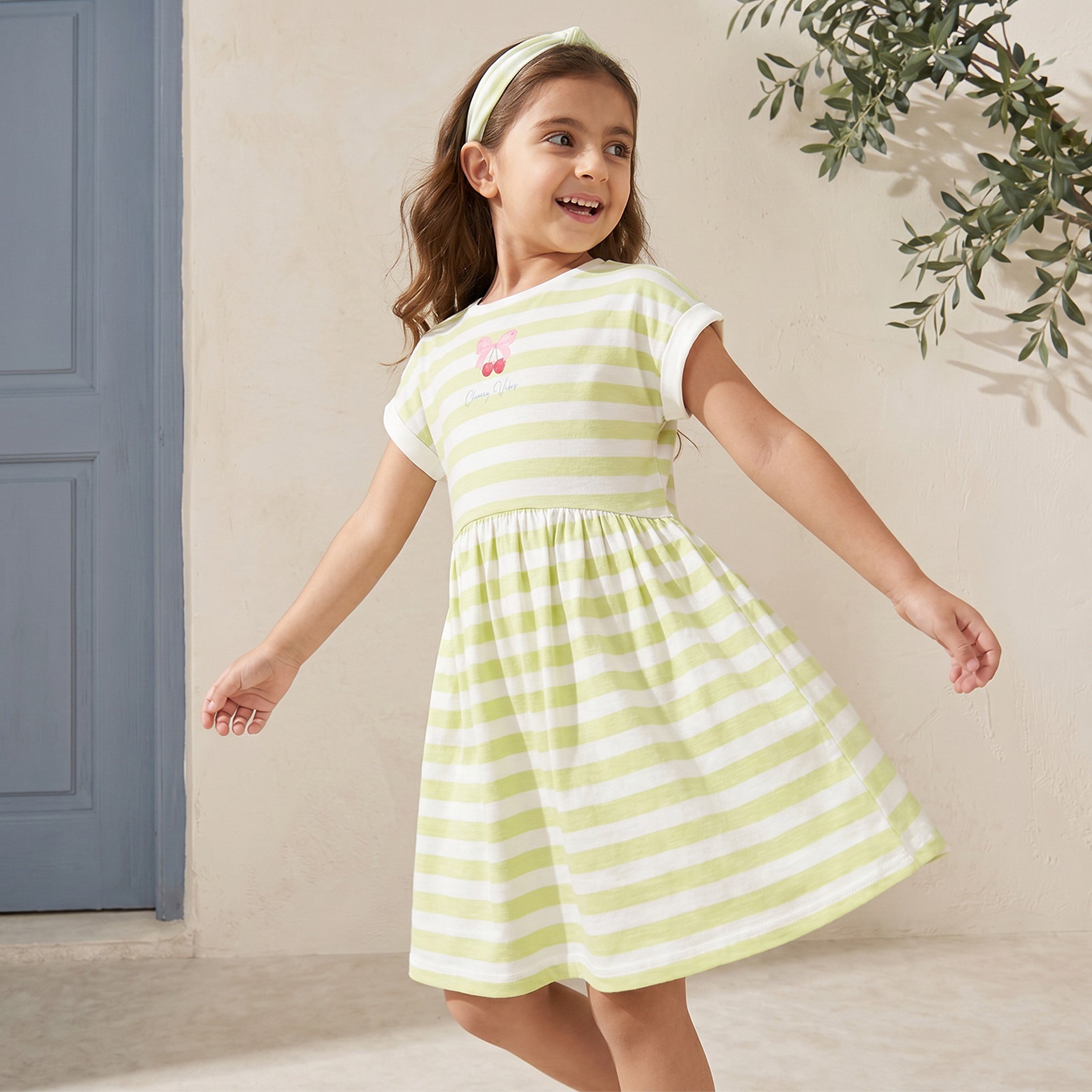 Juniors Crew Neck Short Sleeves Knee Length A-line Dress with Stripes - Multicolour / 2-3 yrs