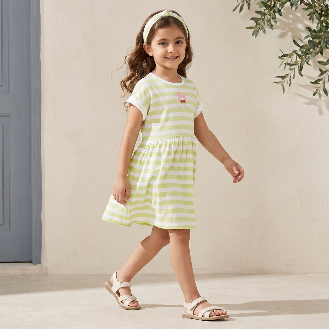 Juniors Crew Neck Short Sleeves Knee Length A-line Dress with Stripes