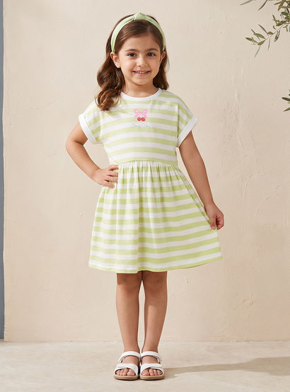 Juniors Crew Neck Short Sleeves Knee Length A-line Dress with Stripes-girls-clothing-dressesandjumpsuits-image-6