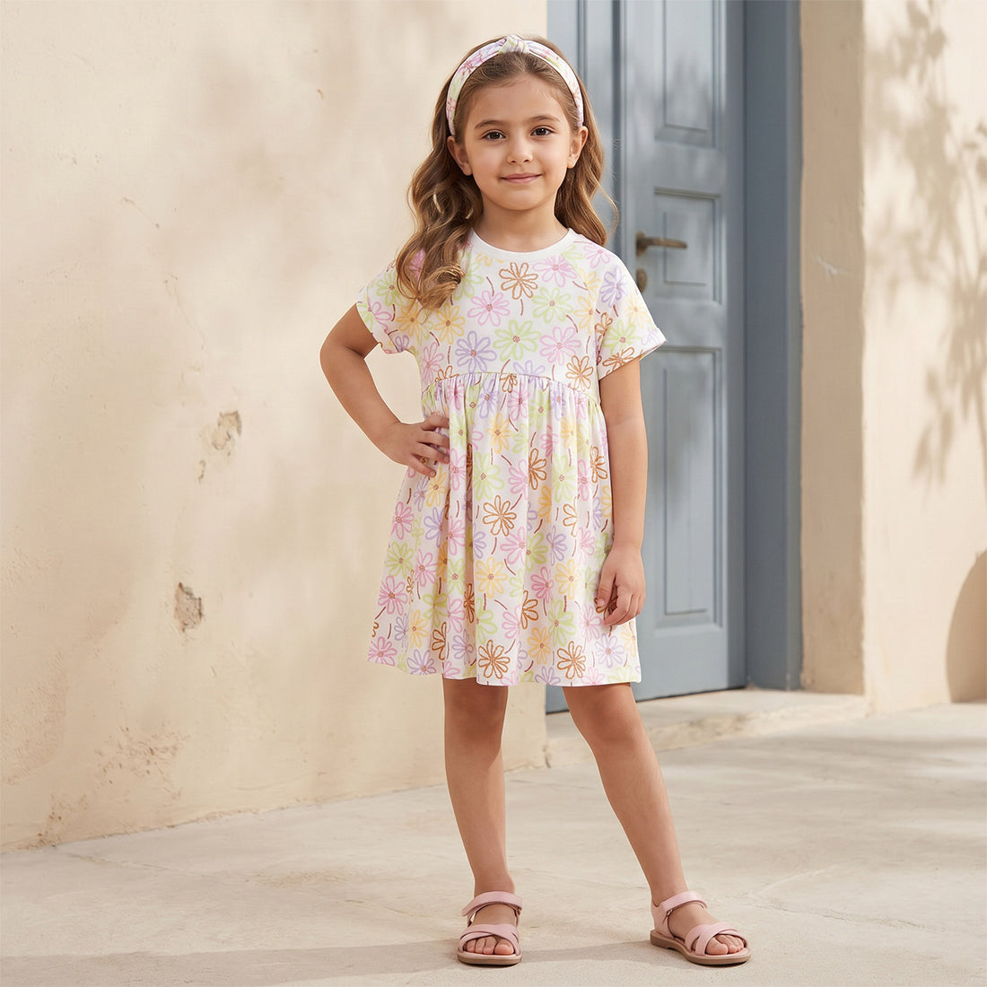 Juniors Round Neck Short Sleeves Knee Length A-line Dress with Floral Print