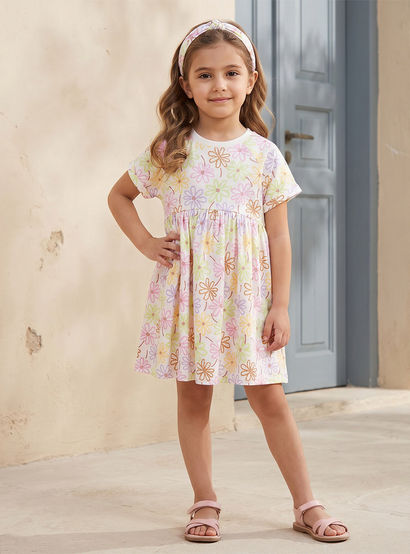 Juniors Round Neck Short Sleeves Knee Length A-line Dress with Floral Print-girls-clothing-dressesandjumpsuits-image-2