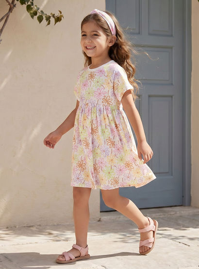 Juniors Round Neck Short Sleeves Knee Length A-line Dress with Floral Print-girls-clothing-dressesandjumpsuits-image-5
