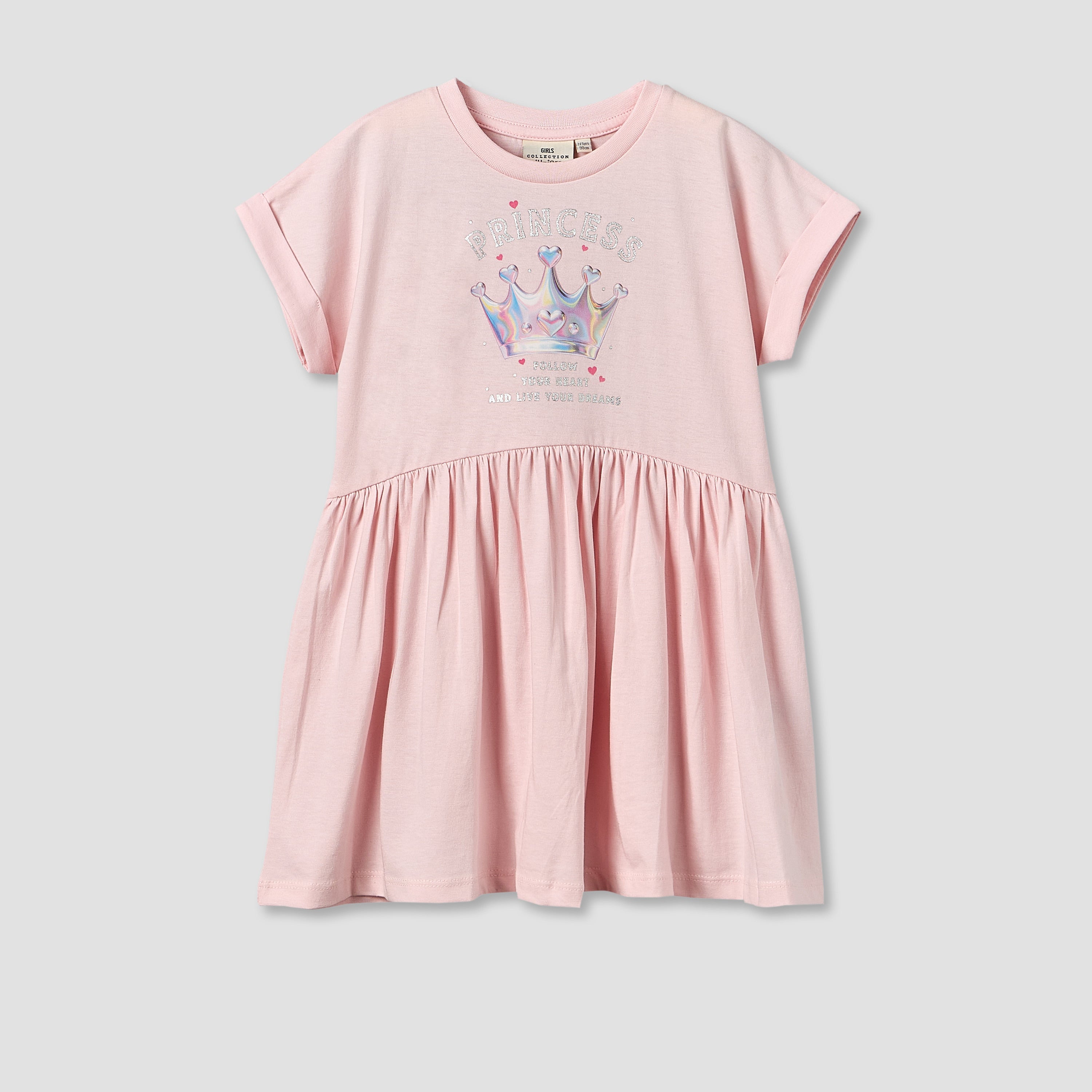 Juniors Round Neck Short Sleeves Knee Length A-Line Dress with Graphic Print - Pink / 1-2 yrs