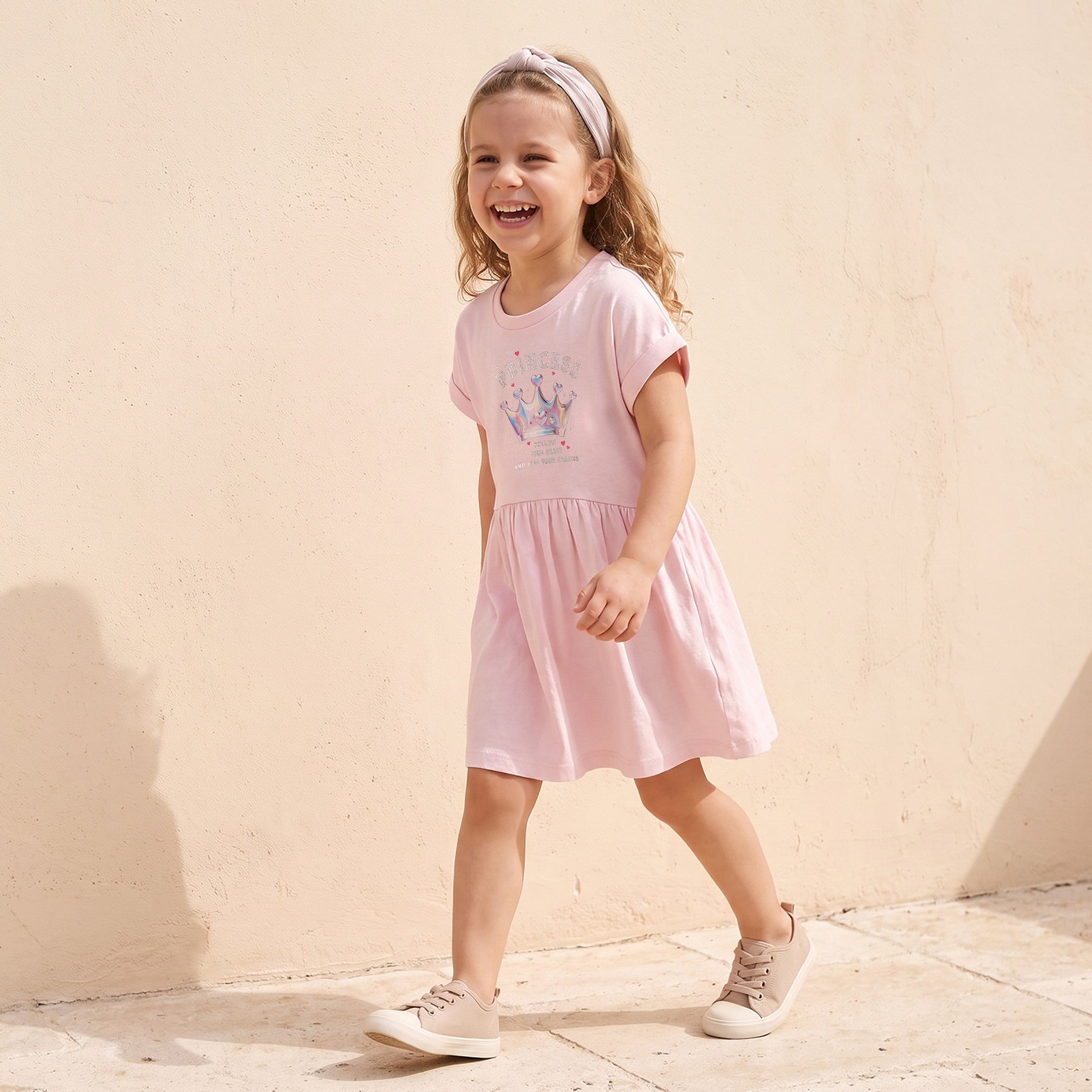 Juniors Round Neck Short Sleeves Knee Length A-Line Dress with Graphic Print