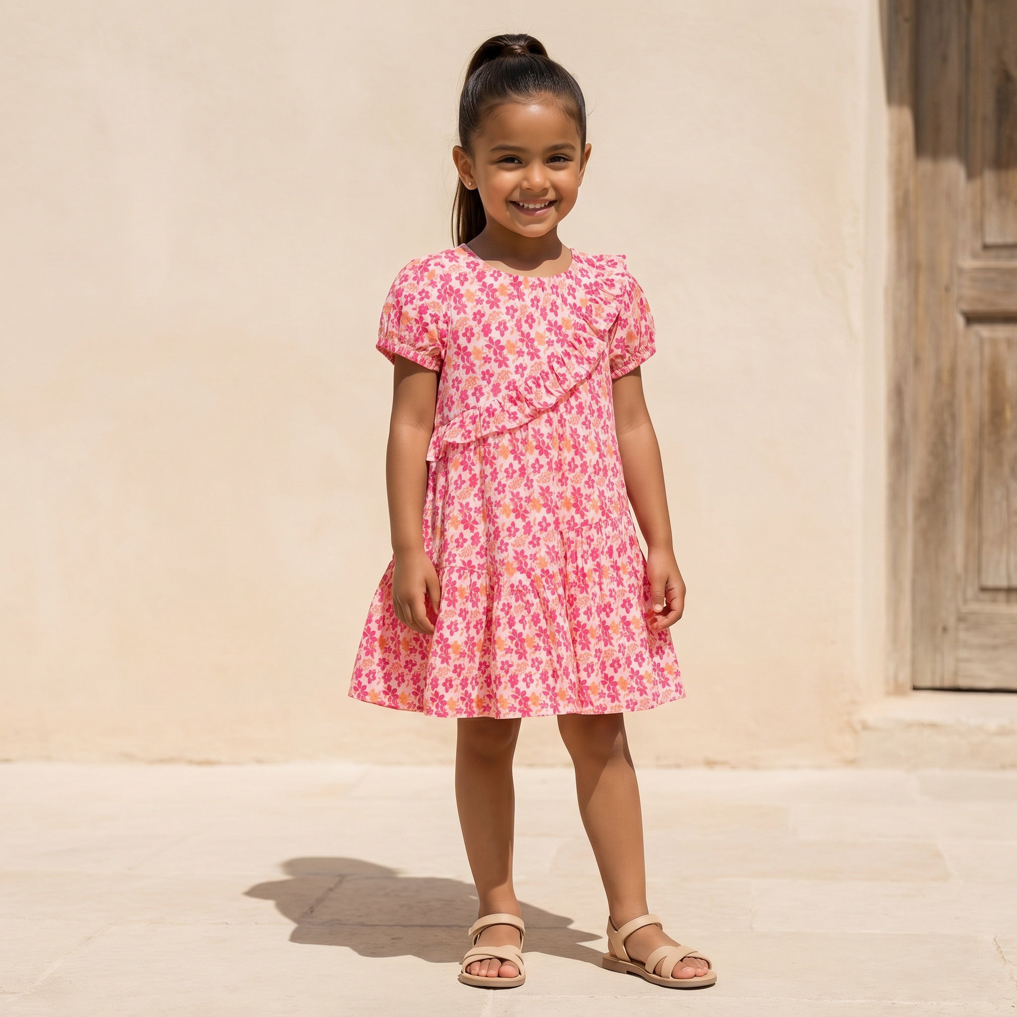 Juniors Round Neck Short Sleeves Knee Length A-line Dress with Floral Print