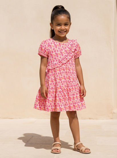 Juniors Round Neck Short Sleeves Knee Length A-line Dress with Floral Print-girls-clothing-dressesandjumpsuits-image-2