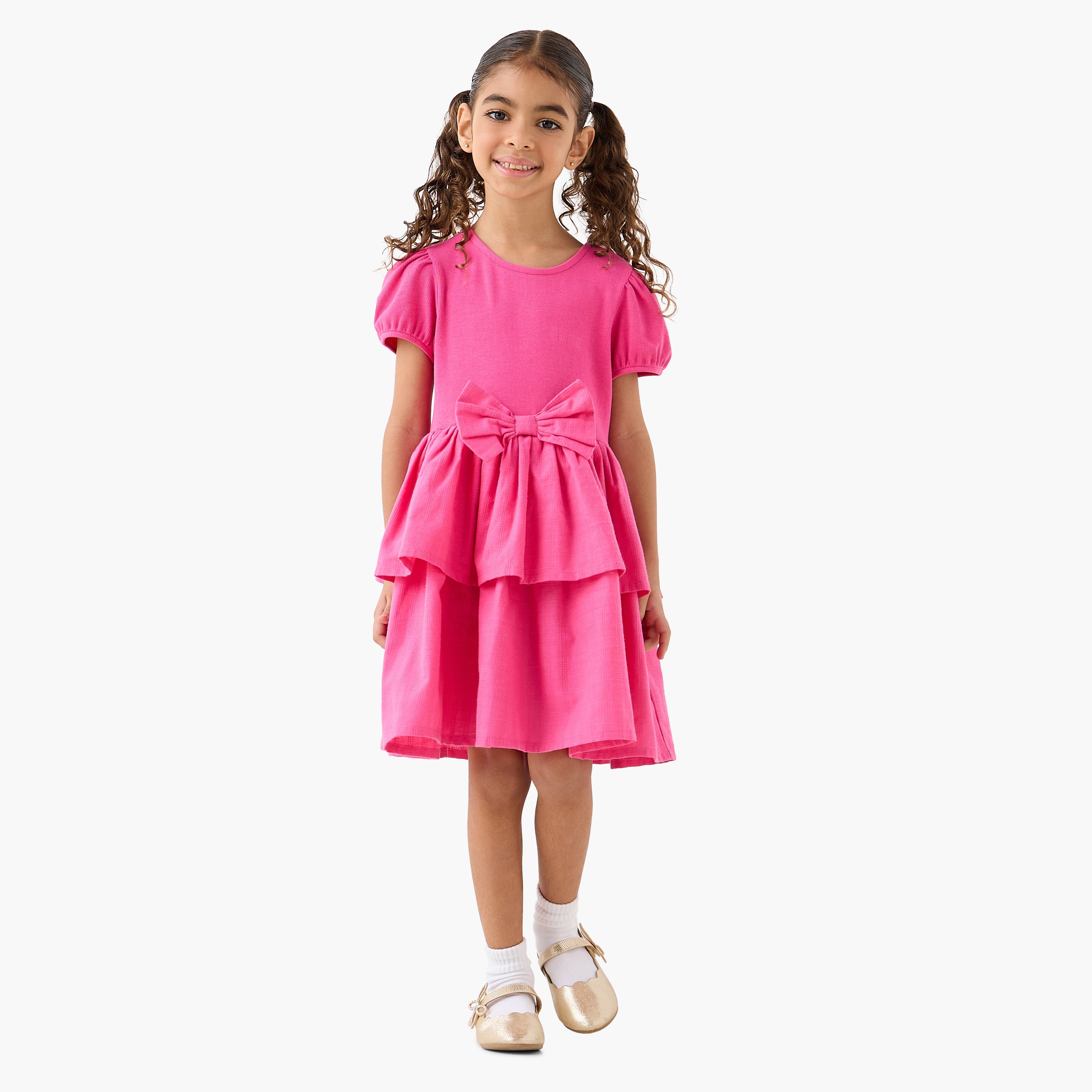 Juniors Round Neck Short Sleeve Dress with Bow Accent