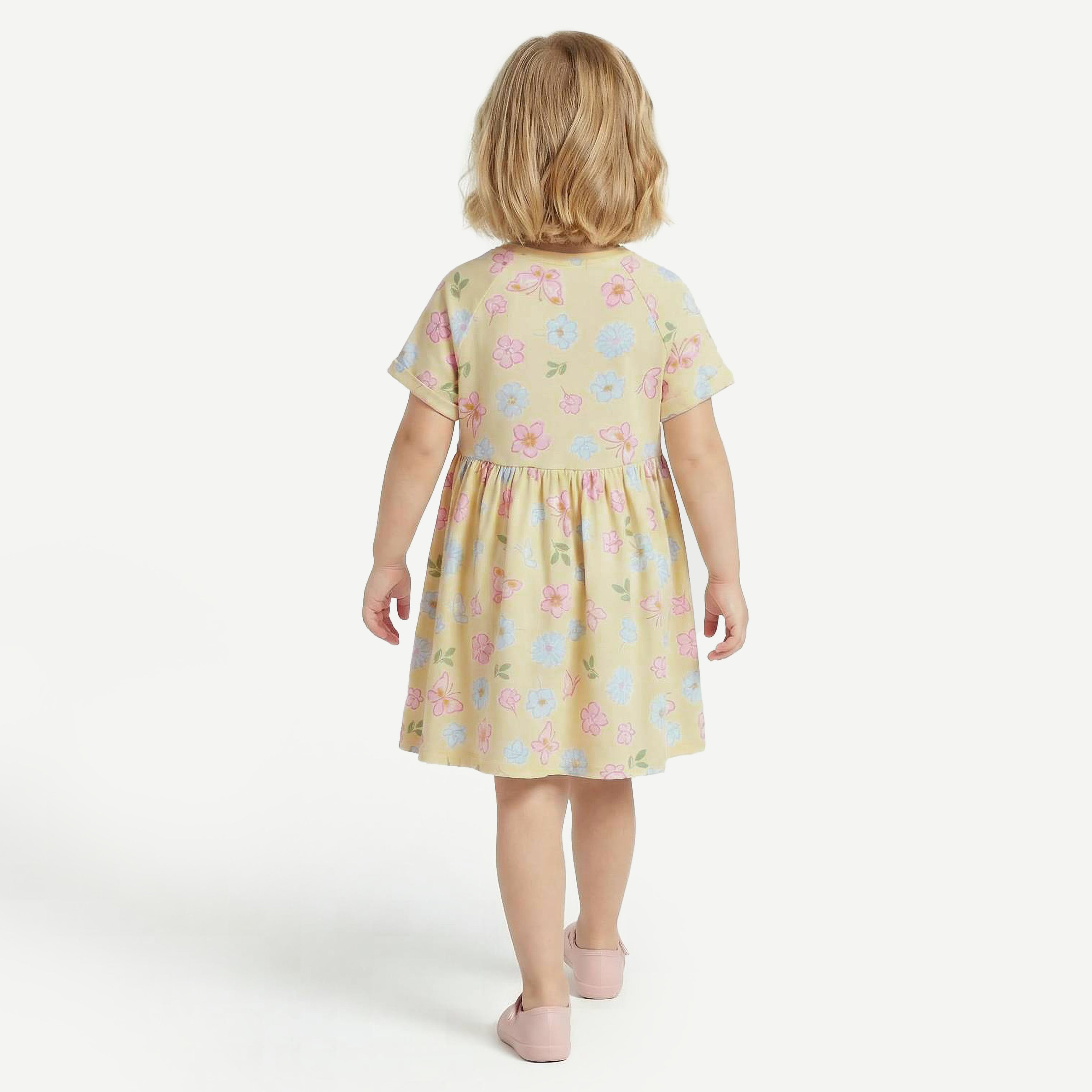 Juniors Round Neck Short Sleeves A-line Dress with Floral Print