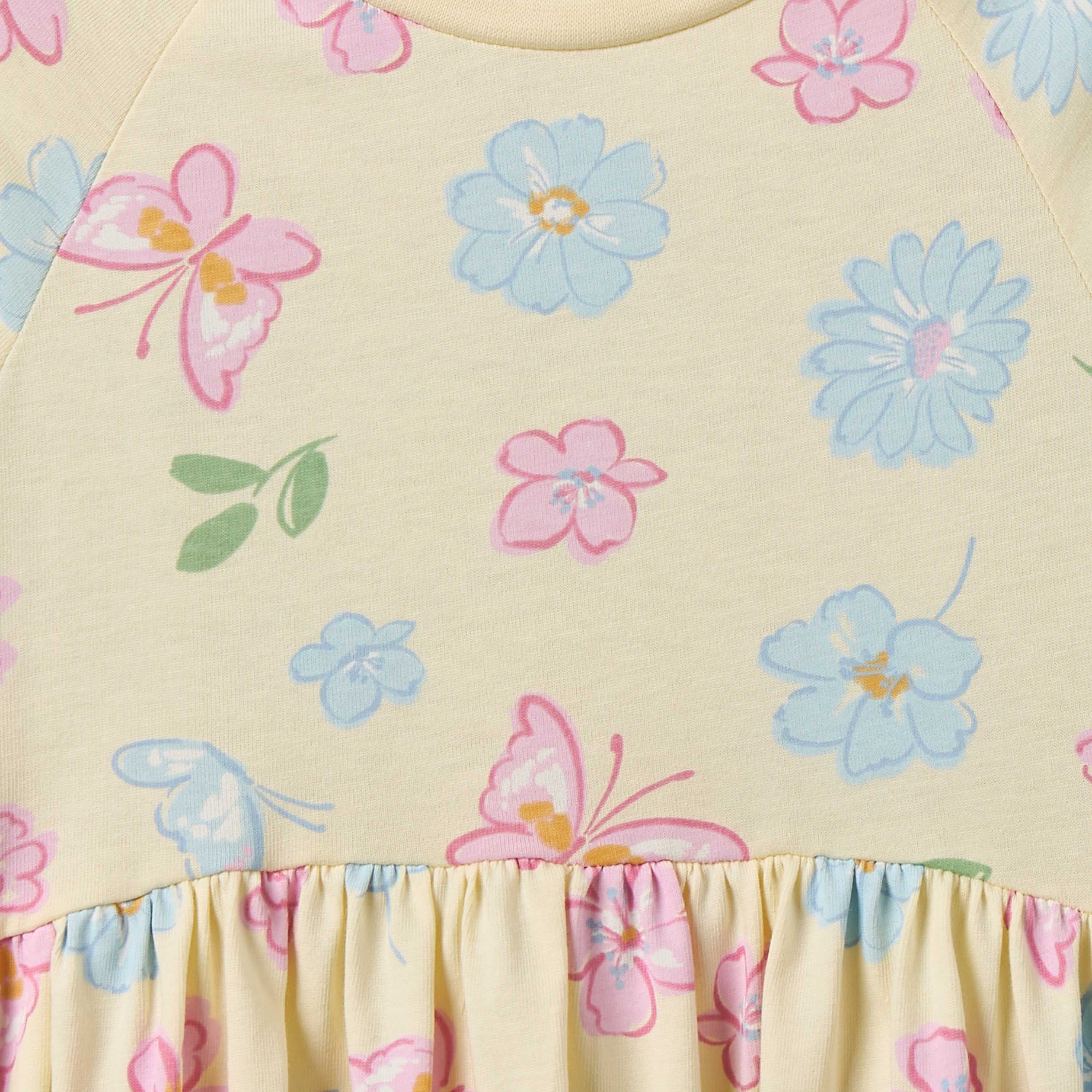 Juniors Round Neck Short Sleeves A-line Dress with Floral Print